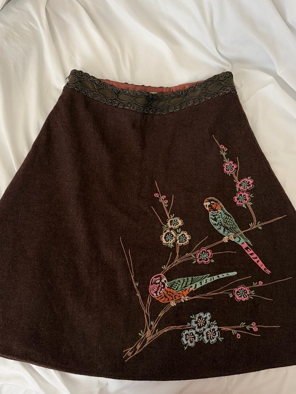 Eva Franco Brown A-Line Skirt with Colorful Bird Embroidery Anthropologie